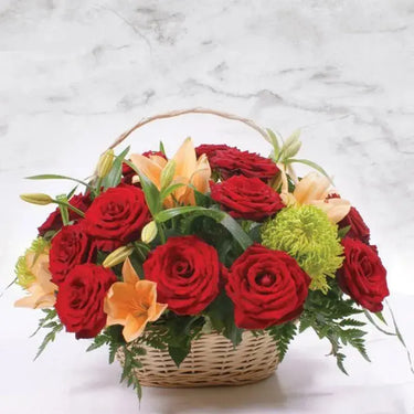 Basket of Love, Heartfelt Floral Arrangement, Red Roses, Orange Asiatic Lilies, Handle Basket